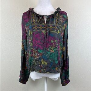 Johnny Was‎ 100% Silk Green and Purple Tie Front Embroidered Blouse Size Small